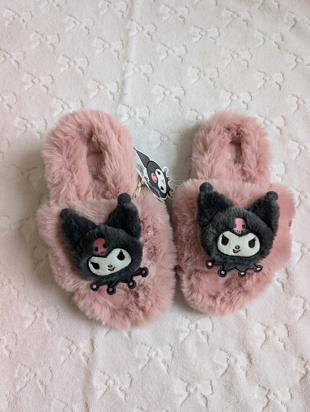 Zara Pink Plush Slippers with Black Character Appliqué